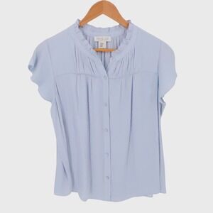 Rachel Zoe Ruffle Neck Flutter Sleeve Top Womens‎ Size M Blue Pleated Office